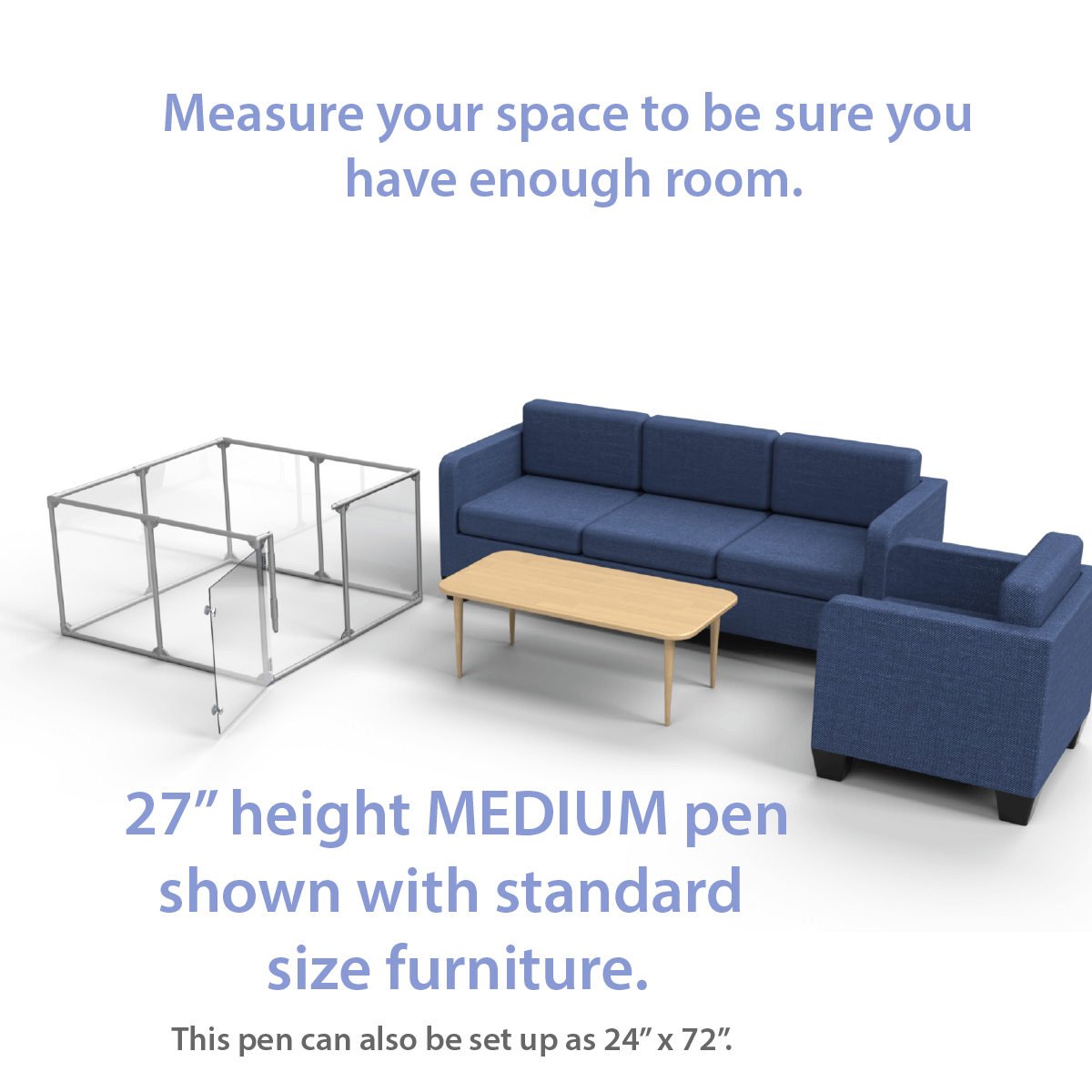 27" Tall Medium Lucidium Pet Pen shown next to standard size living room furniture