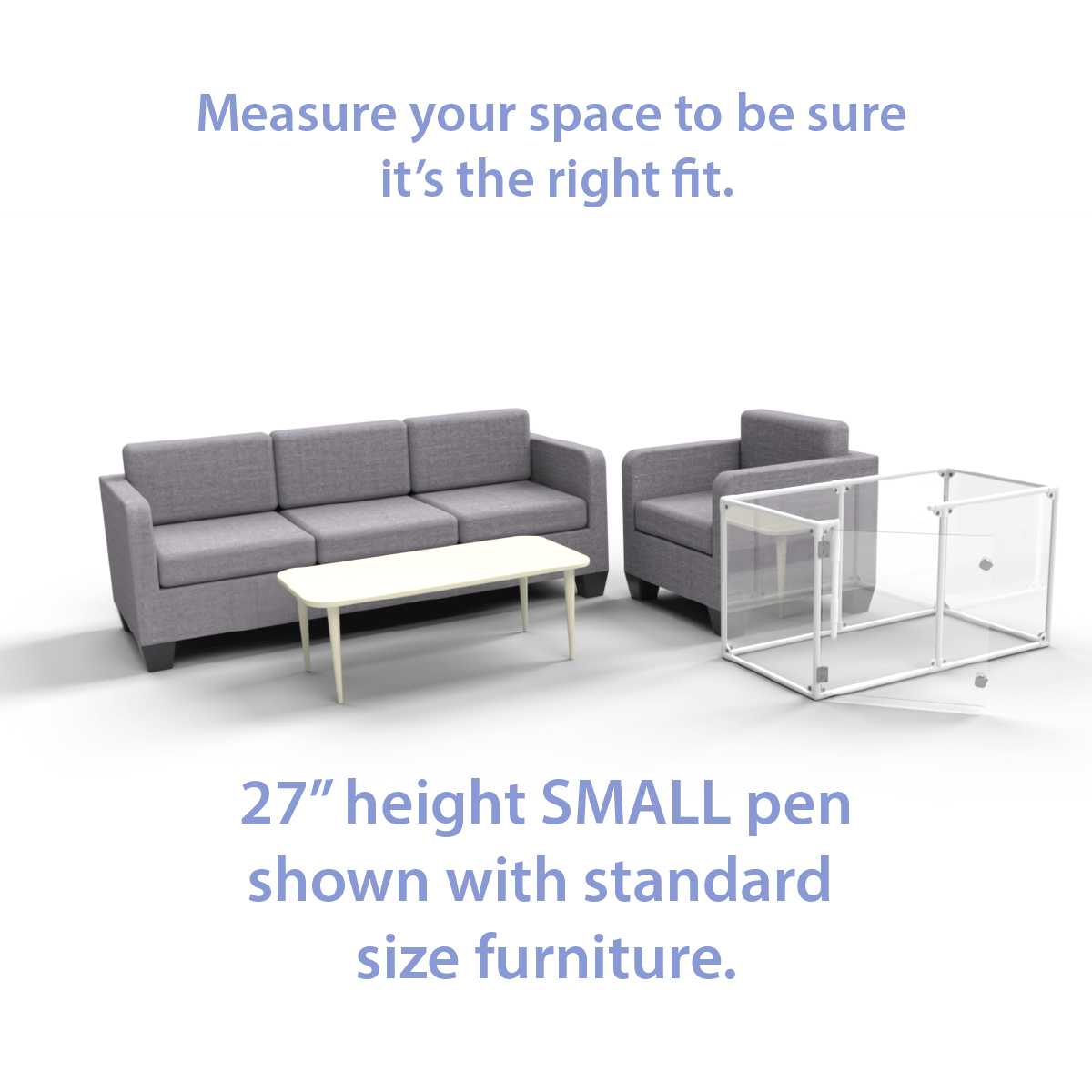 27" Tall Small Lucidium Pet Pen shown next to standard size living room furniture