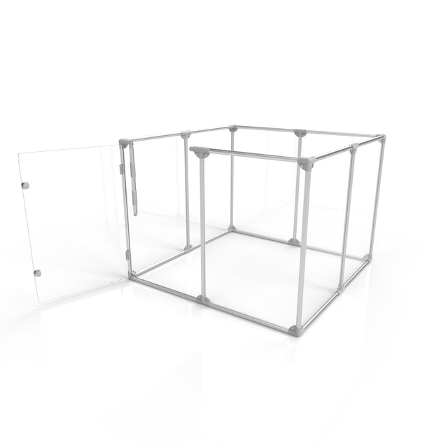 36 inch height medium dog pen in silver color with walk-through door open