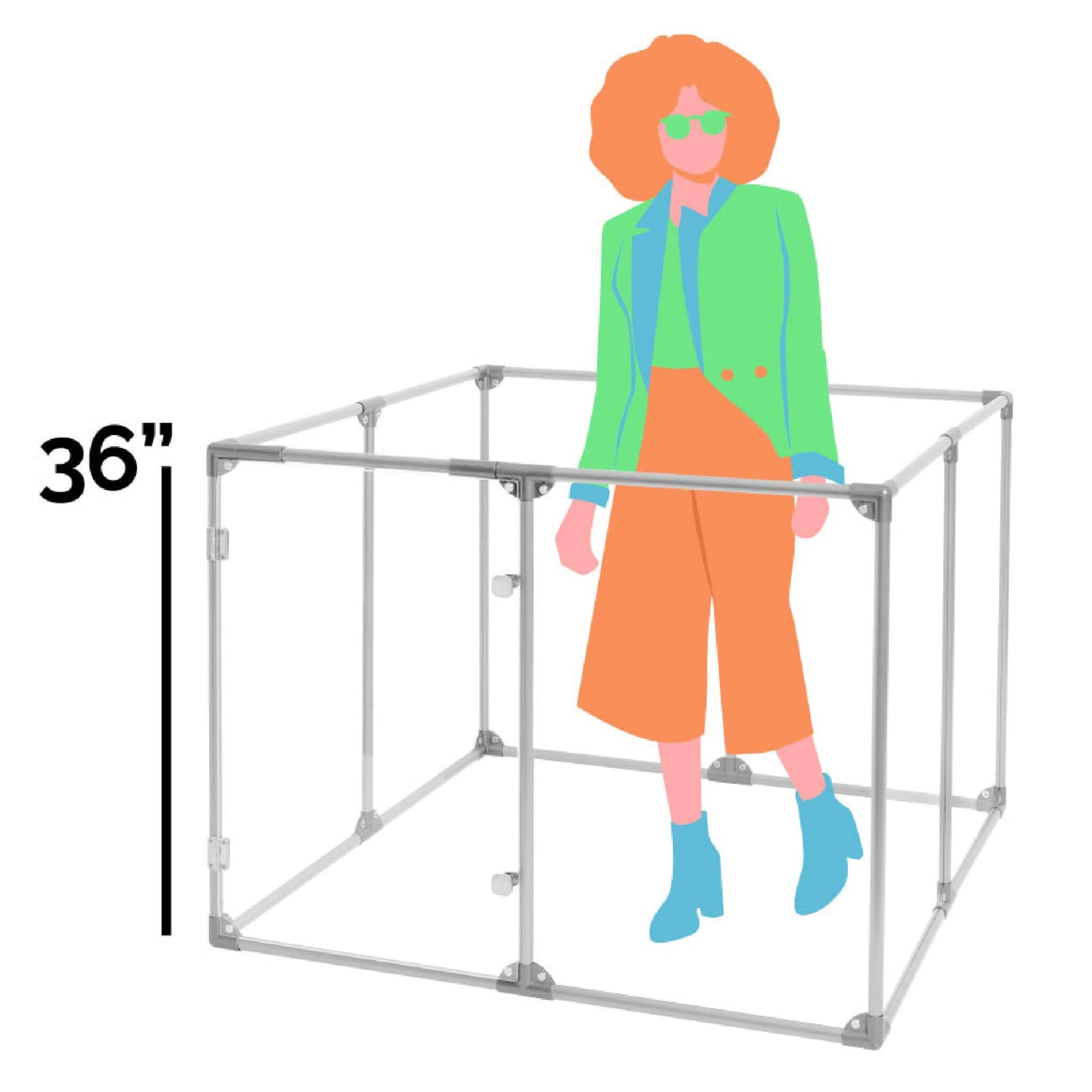 36 inch height medium dog pen in silver color shown relative to adult human