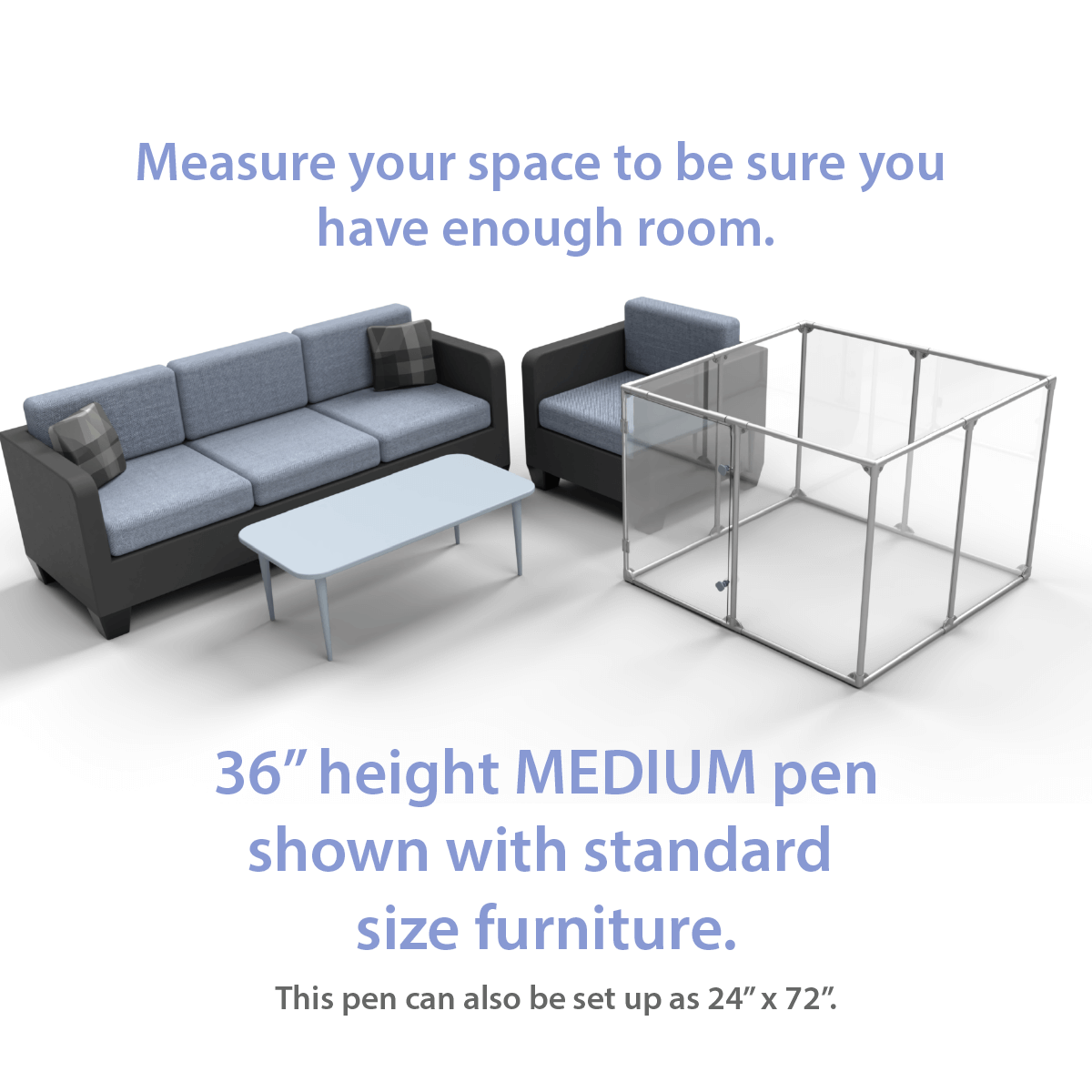 36" Tall Medium Lucidium Pet Pen shown next to standard size living room furniture