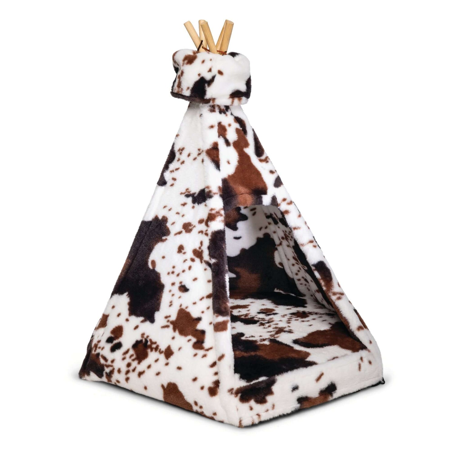 luxurious faux fur pet bed teepee with memory foam cushion cowhide pattern