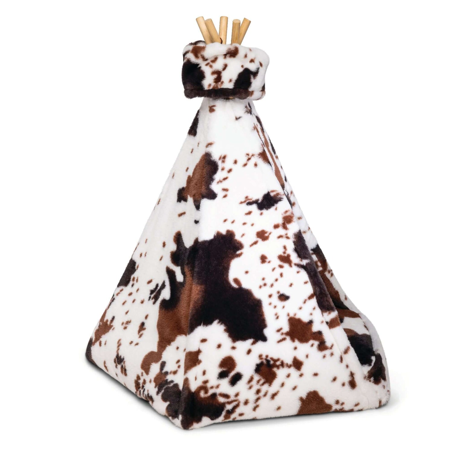 luxurious faux fur pet bed teepee with memory foam cushion cowhide pattern