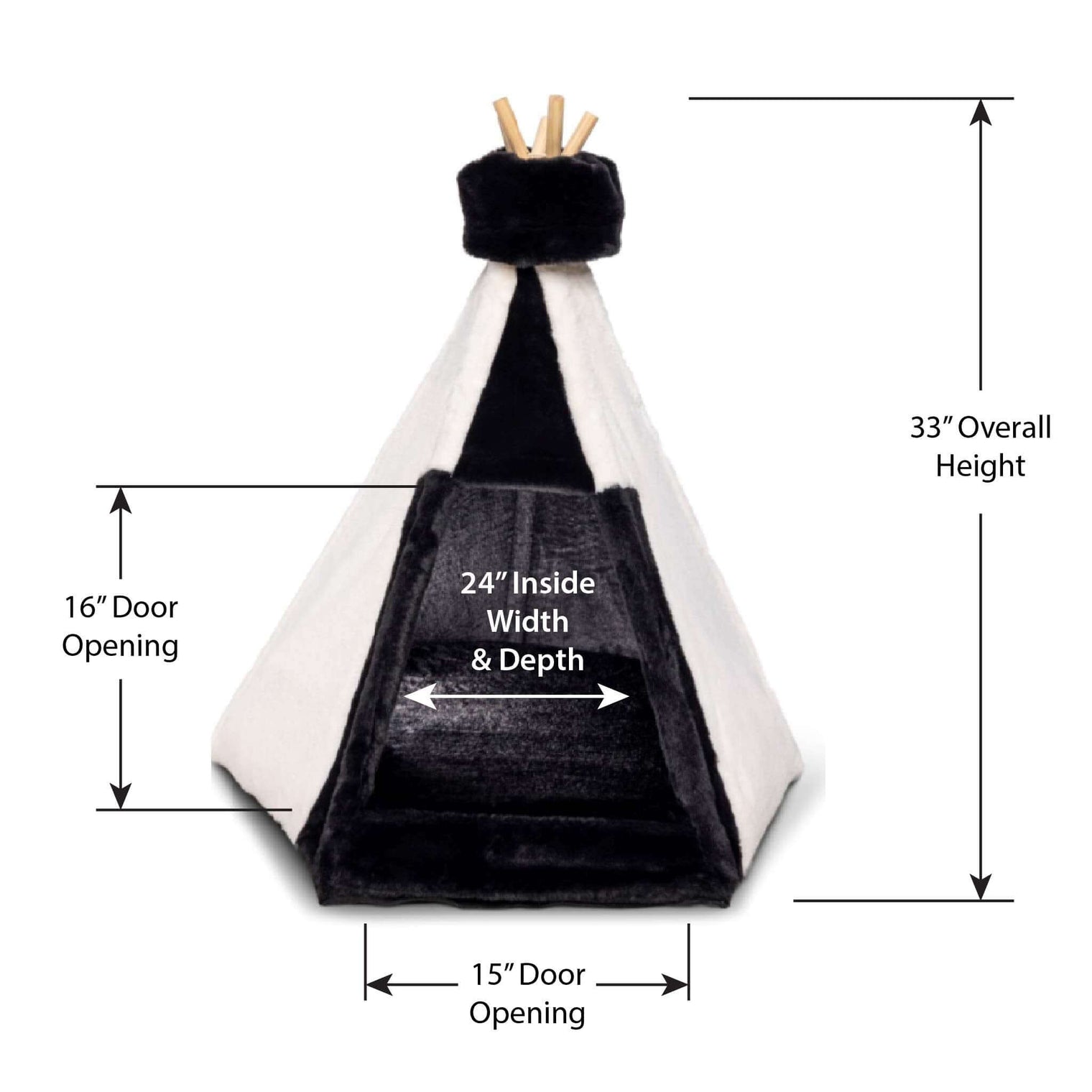 luxurious faux fur pet bed teepee with memory foam cushion showing dimensions