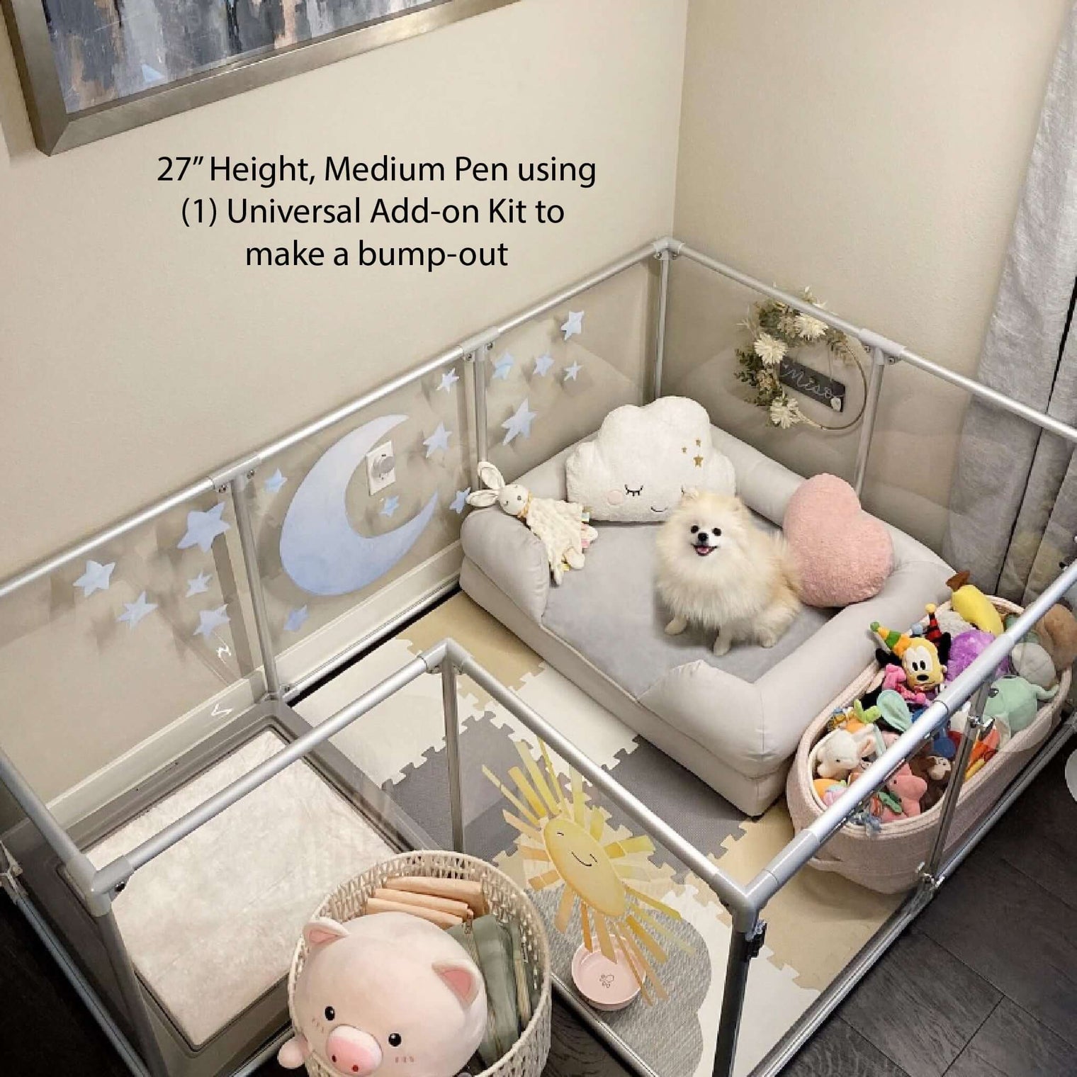 Small white dog in a clear dog pen featuring the Lucidium Pen Universal Add-On Kit