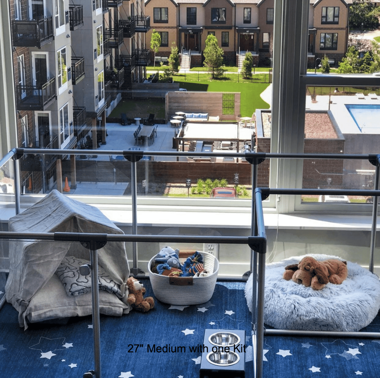 Silver and clear pet pen featuring the Lucidium Pen Universal Add-On Kit used to make a bump out area