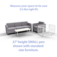 27" Tall Small Lucidium Pet Pen shown next to standard size living room furniture