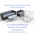 36" Tall Medium Lucidium Pet Pen shown next to standard size living room furniture