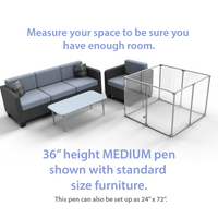 36" Tall Medium Lucidium Pet Pen shown next to standard size living room furniture