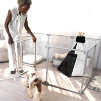 luxurious pet bed teepee in modern dog pen with woman and dog