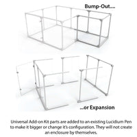 Examples of Pet enclosures featuring the Lucidium Pen Universal Add-On Kit used as bump out or expansion kit.